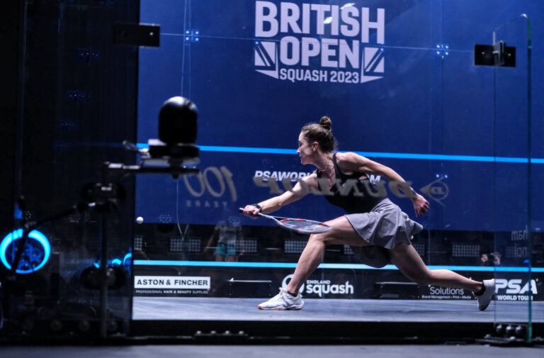 Image of a lady playing Squash at the British open Squash tournament 2023