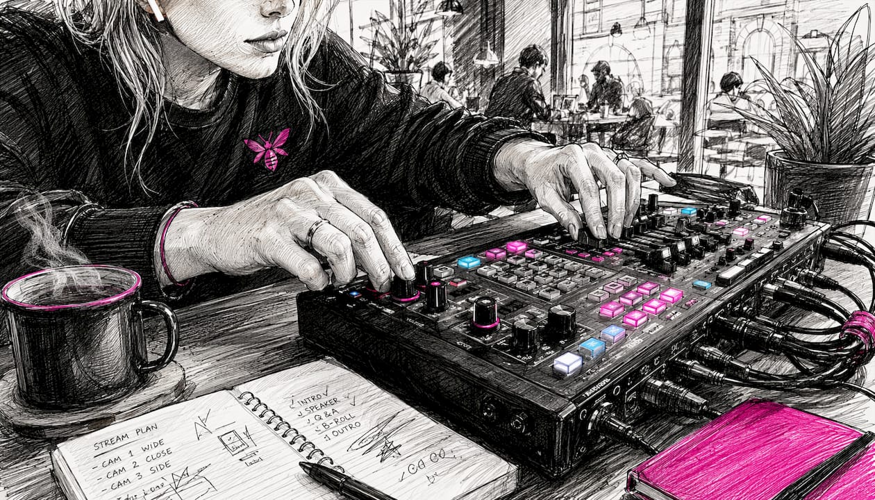 Hands operating livestream switcher console