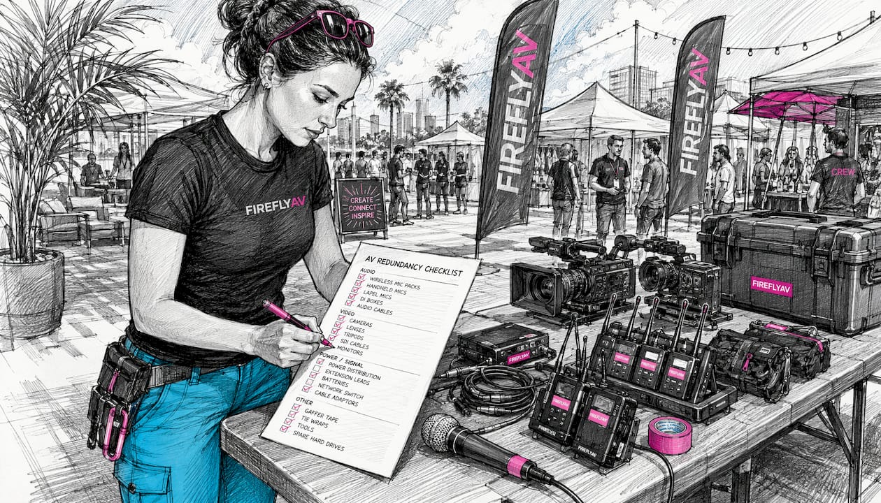 Technician marking AV equipment redundancy checklist