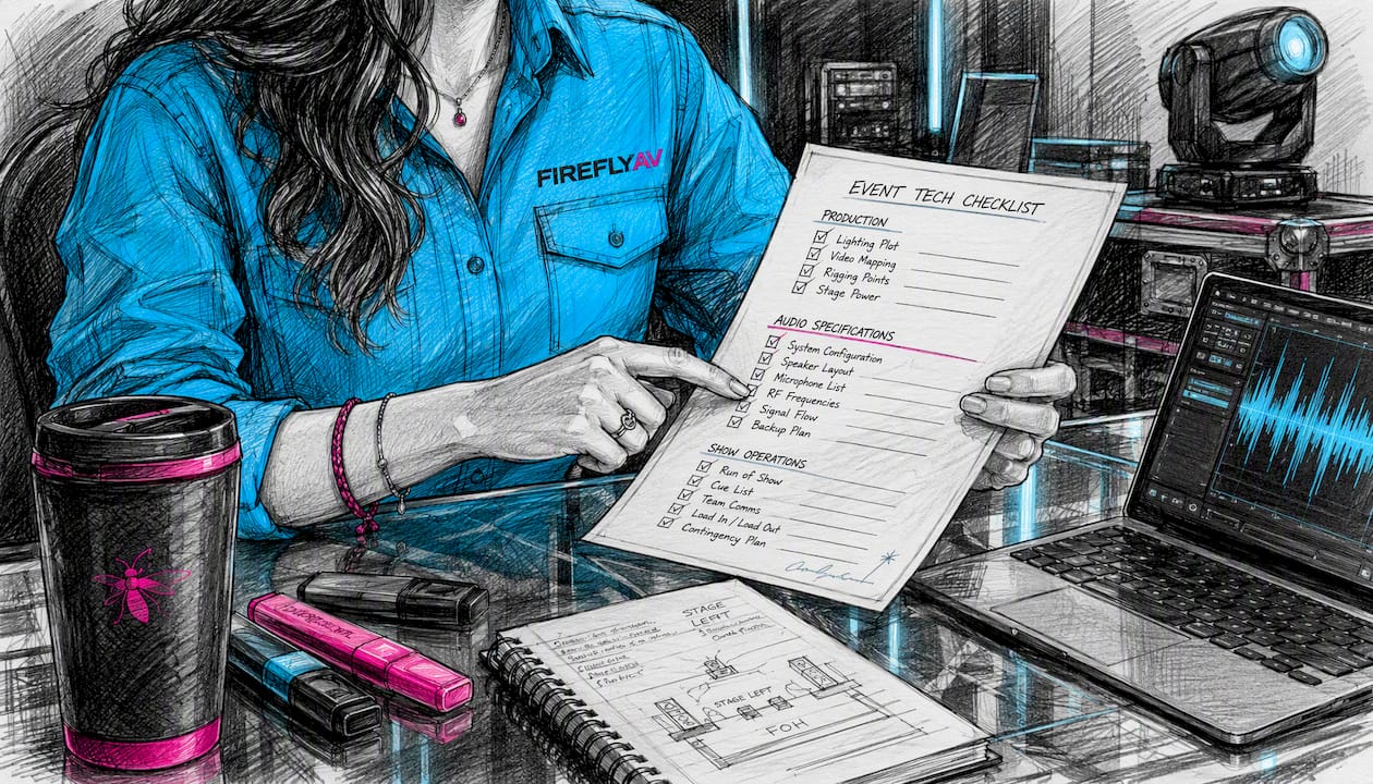 Hands reviewing playback technical checklist