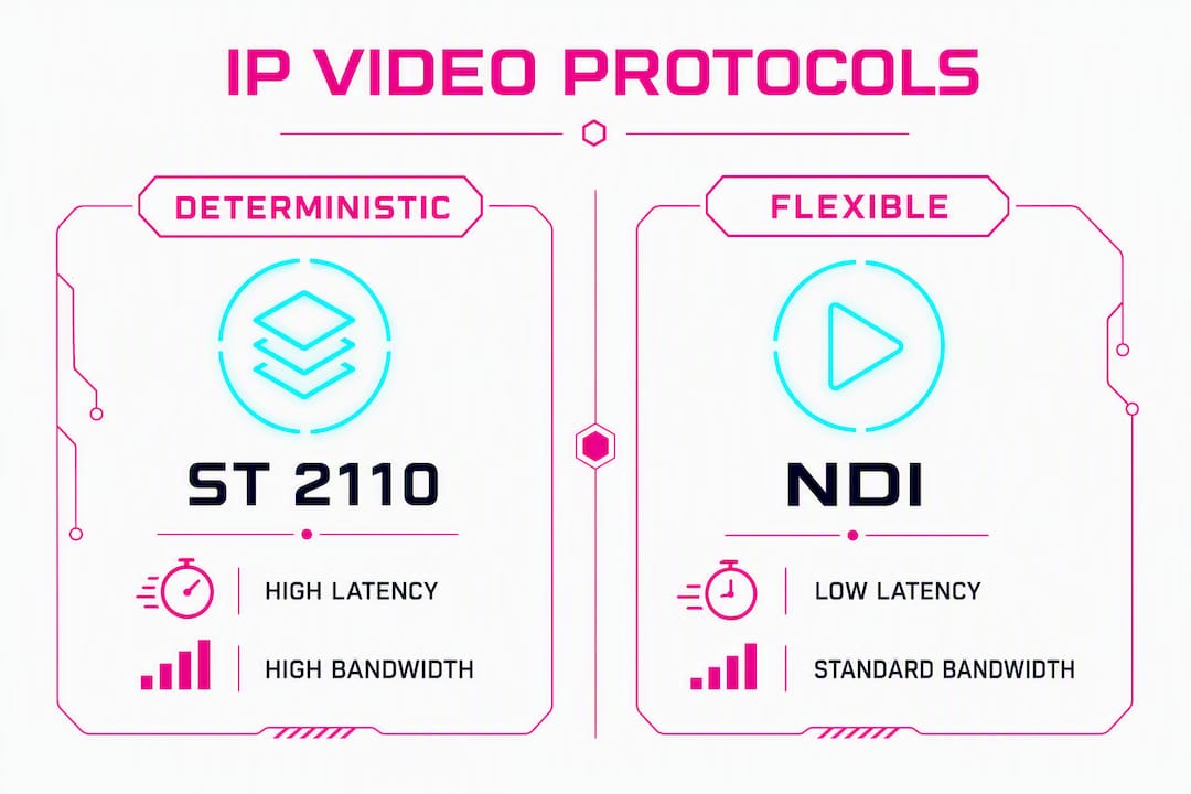 Infographic comparing IP video protocols ST 2110 and NDI