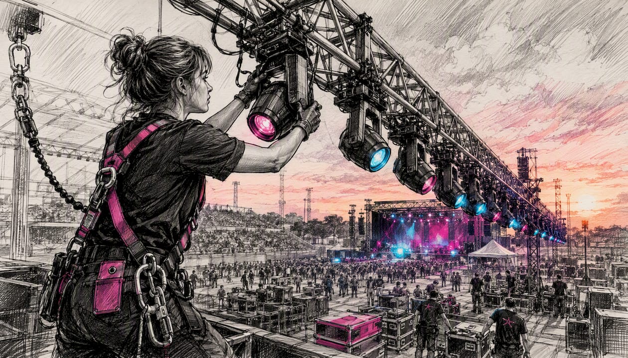 Technician adjusting lights on flown truss rig