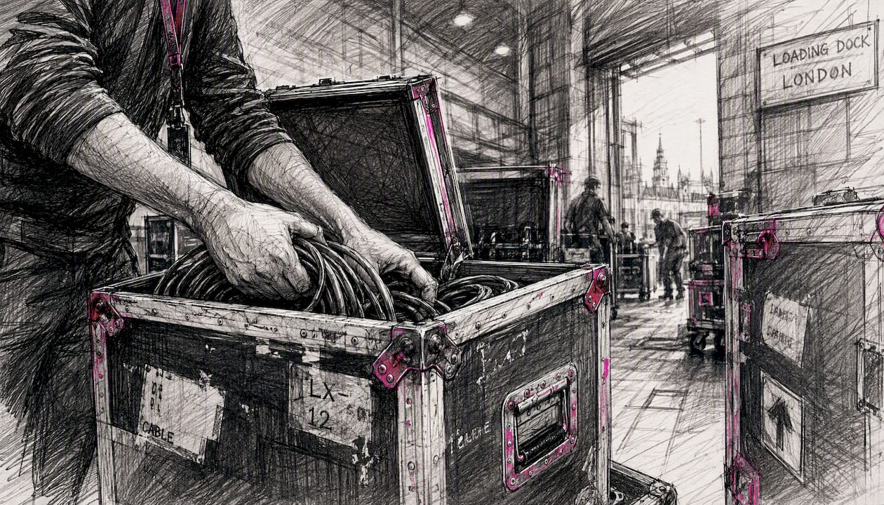 Technician unpacking AV crates at venue loading dock