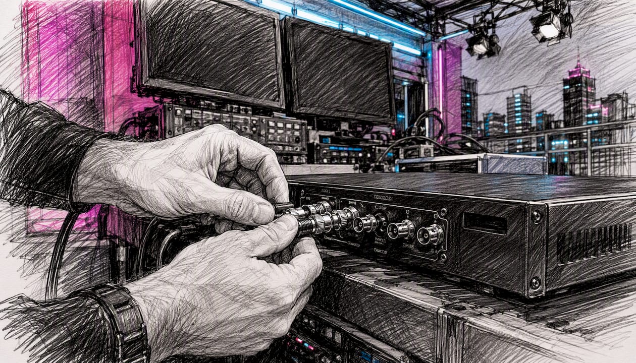 Engineer reconnecting SDI cable for re-sync