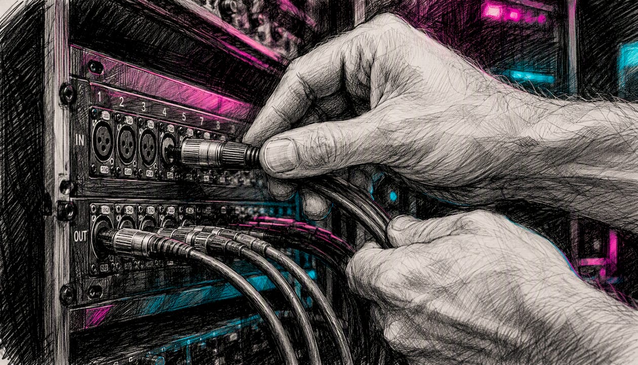 Hands connecting AV cables on patch panel