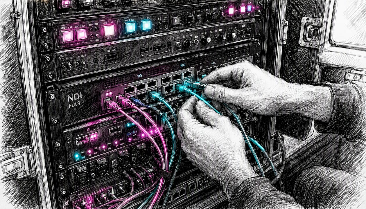 Hands connecting cables inside OB van