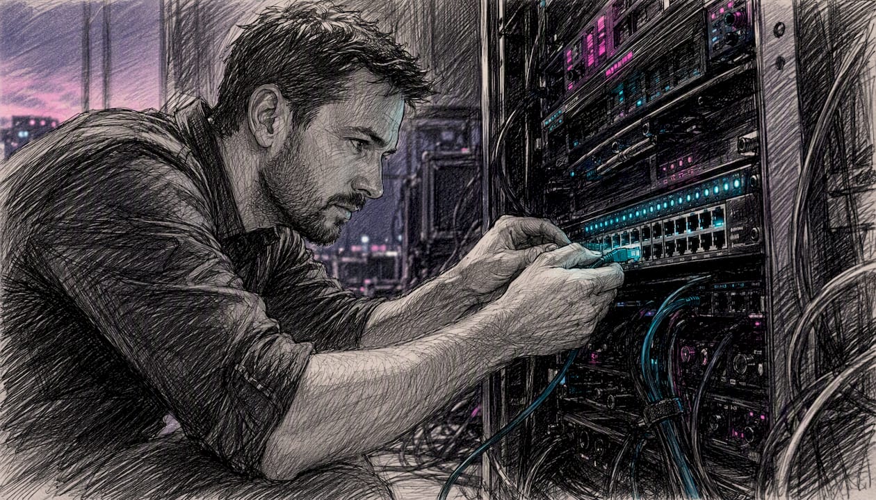 Hands connecting Ethernet cable to network switch