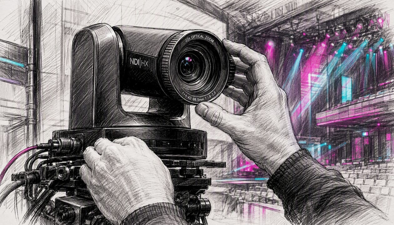 Hands adjusting PTZ camera lens