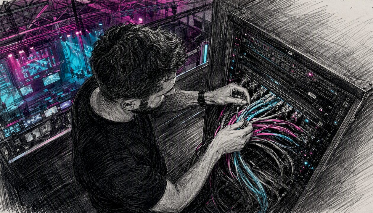 Technician wiring cables in gaming arena rack