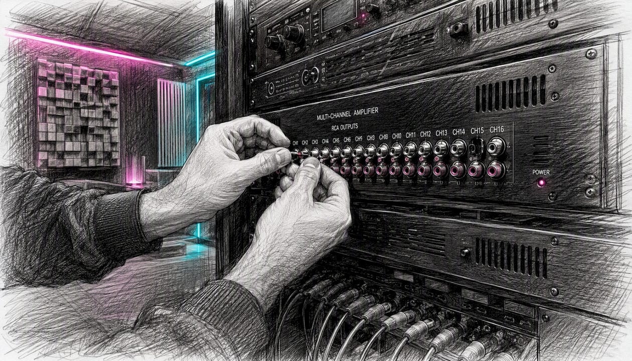 Technician capping RCA connectors in audio room