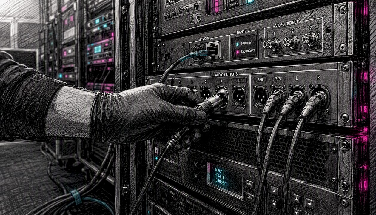 Hand connecting XLR cable to AV rack