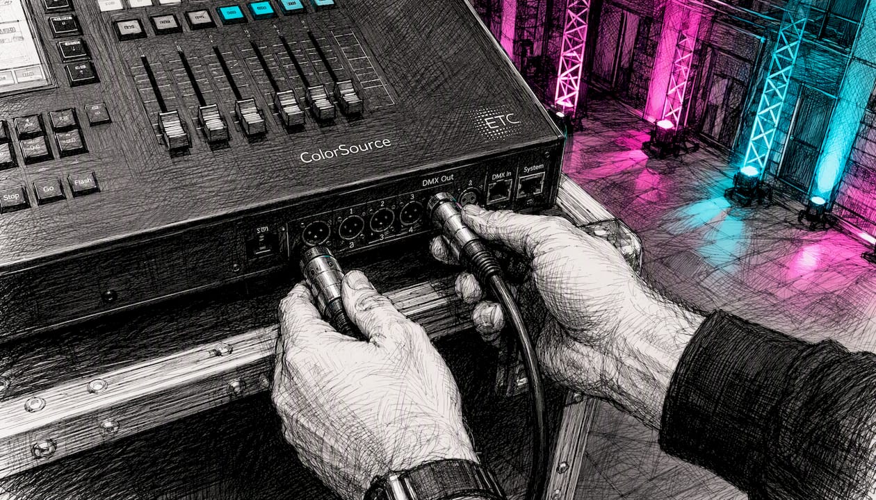 Hands connecting cables to lighting console