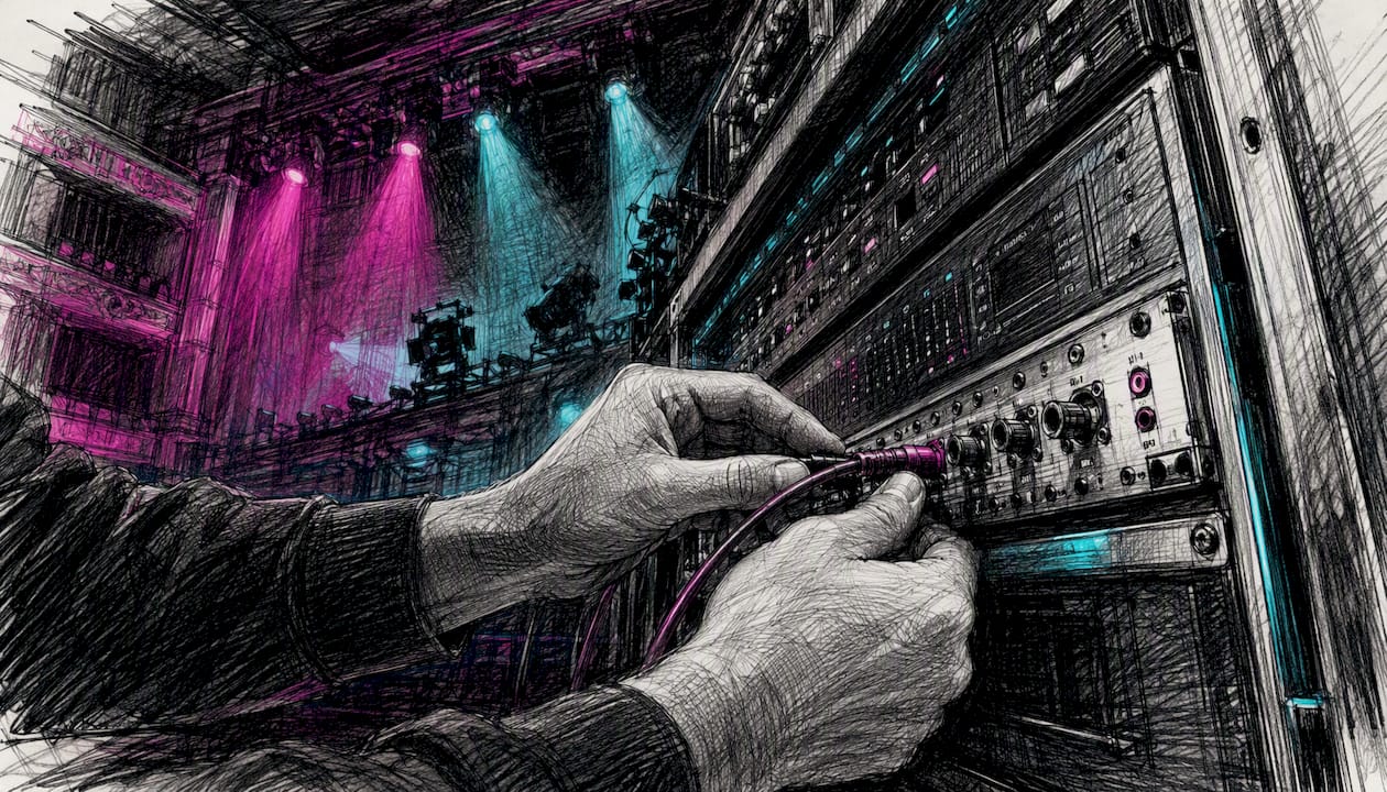 Technician adjusting lighting patch cable in theatre