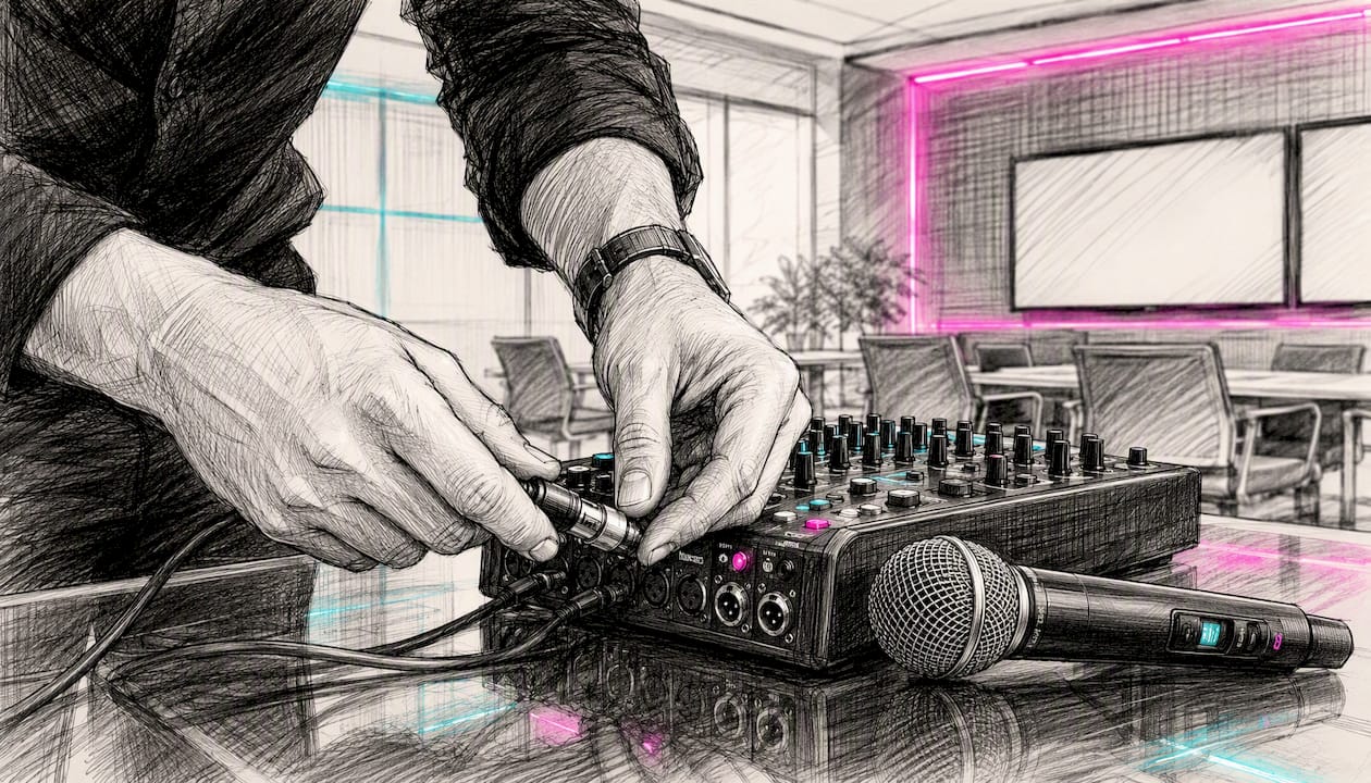 Technician wiring breakout room AV equipment