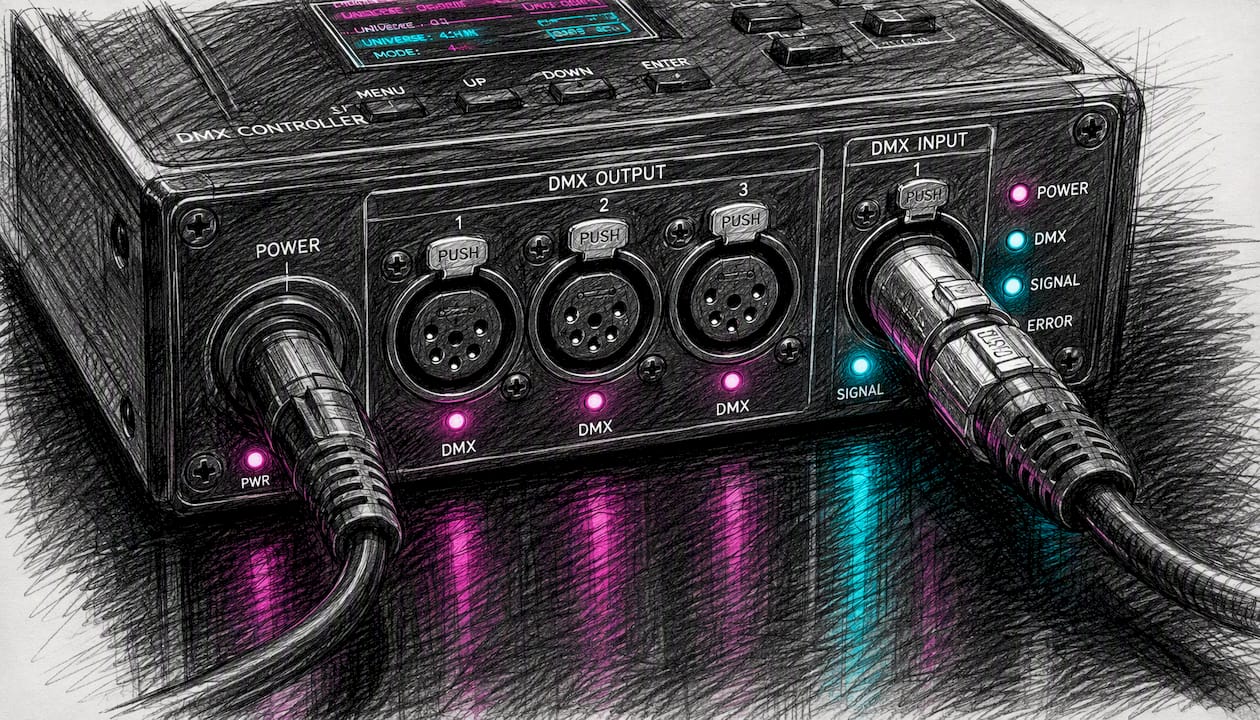 Close-up of DMX lighting controller connector ports