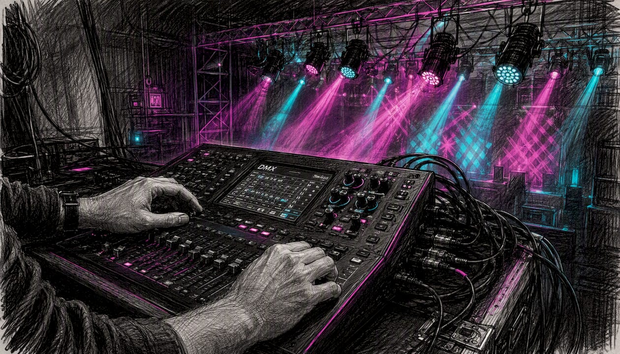 Hands adjusting DMX lighting console with fixtures
