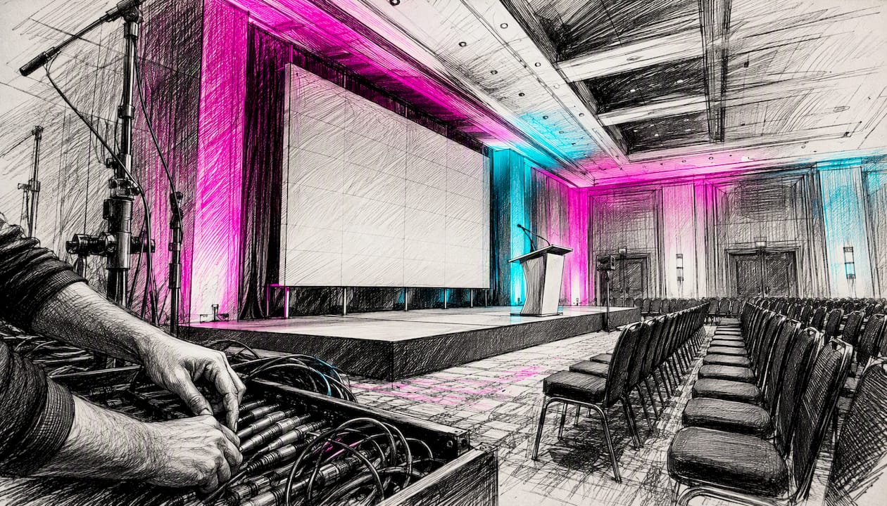 Conference room with stage and LED wall lighting