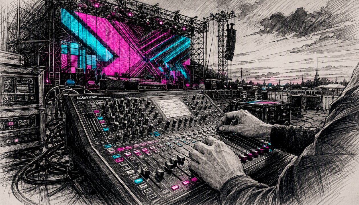 Hands adjusting sound mixer near LED wall
