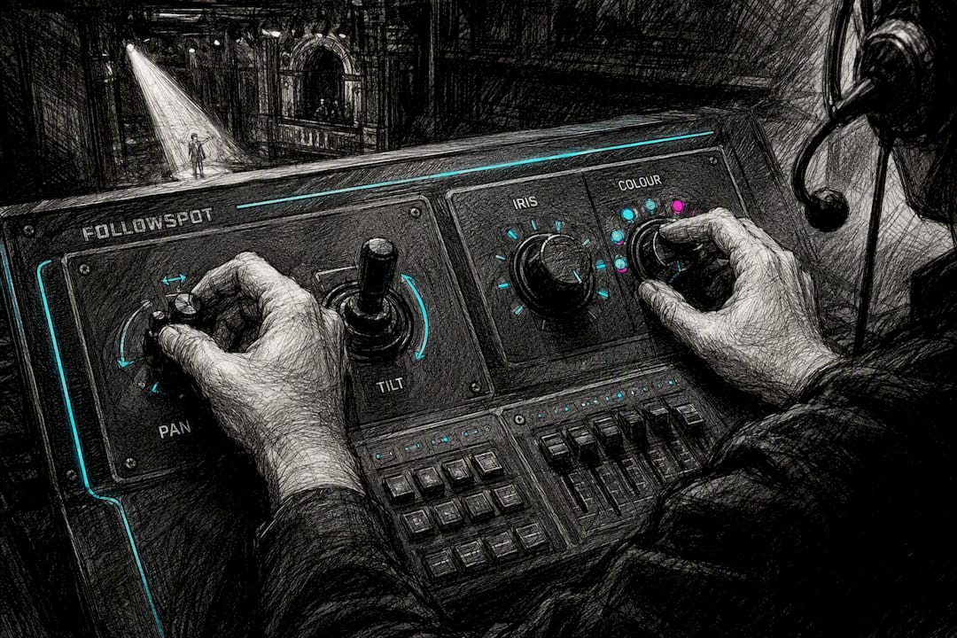 Hands adjusting followspot lighting controls