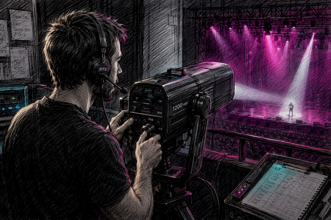 Followspot operator adjusting live stage light