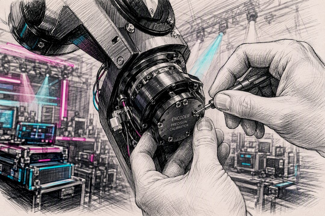 Hands adjusting robotic camera encoder parts