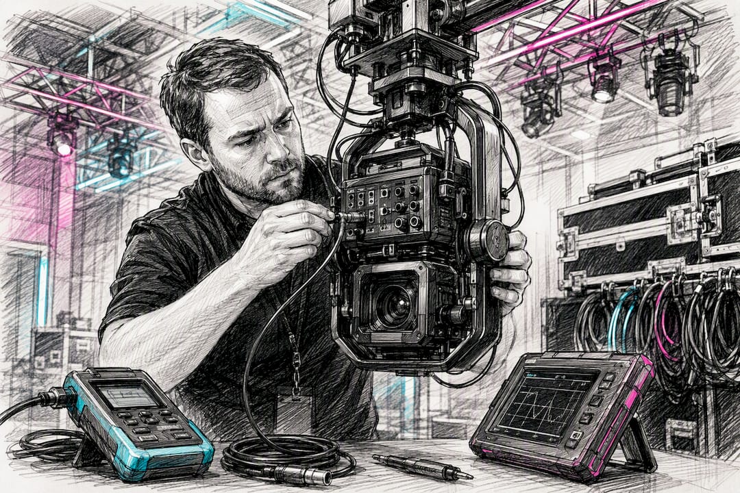 Technician calibrating robotic camera rig cables