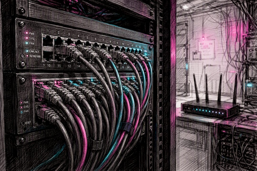 Network rack with wires and Wi-Fi router