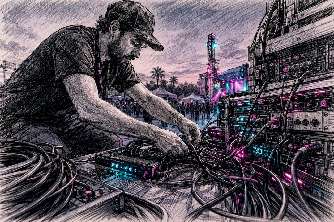 Technician adjusting streaming equipment cables