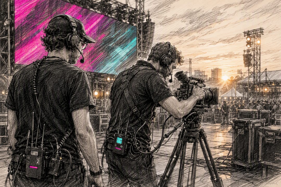 Stage crew using wired intercom beltpacks at live shoot