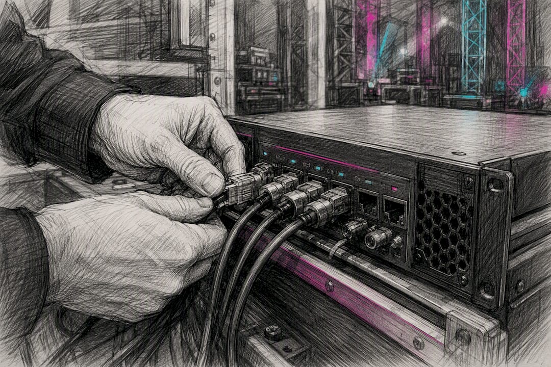 Hands connecting cables to rack unit