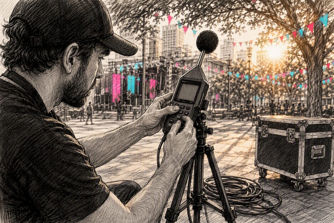 Technician calibrating sound monitoring meter outdoors
