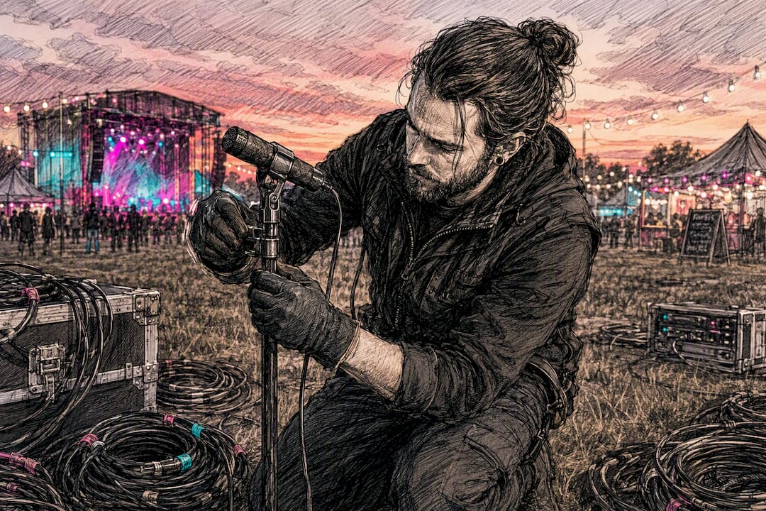 Hands attaching microphone at festival site