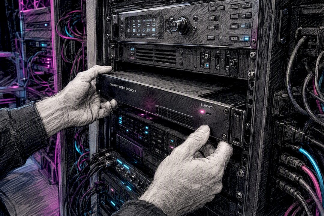 Technician hands swapping backup AV encoder