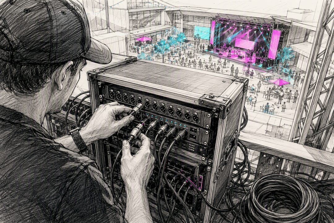 Hands wiring AV cables at event stage