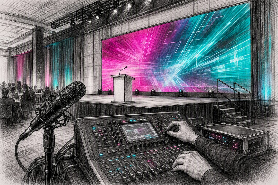 Hybrid event stage with LED wall and audio mixer