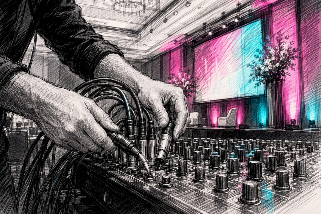 Technician wiring audio cables on AV mixing desk