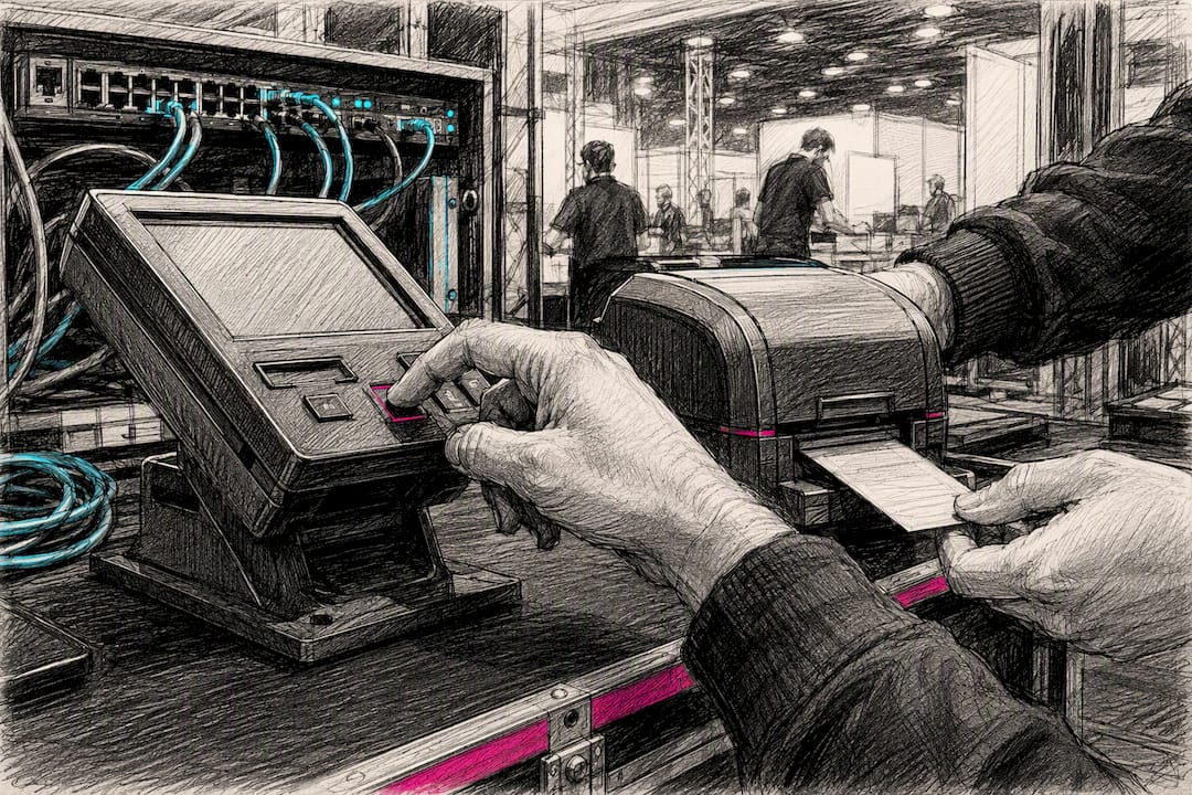 Technician hands testing event check-in hardware