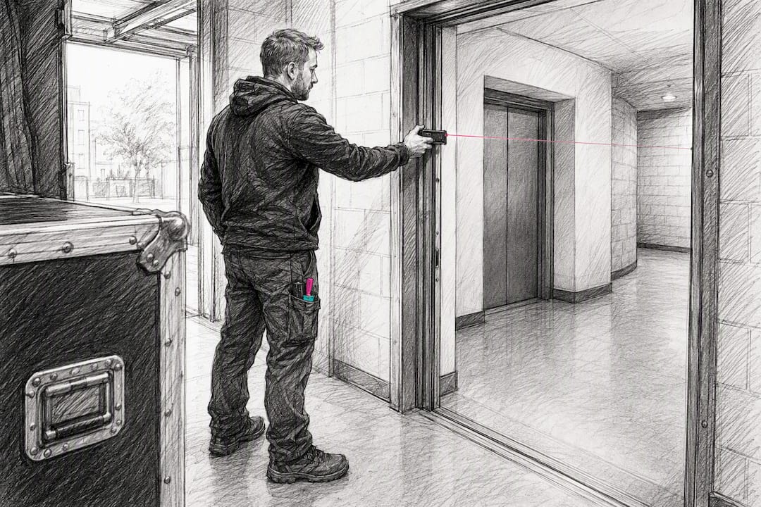 Technician measuring venue access for LED wall delivery