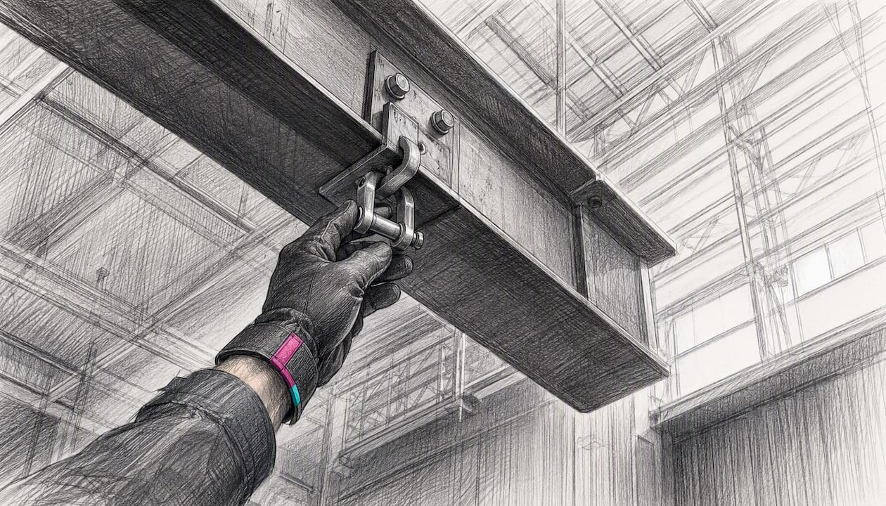 Technician checking an overhead venue rigging point