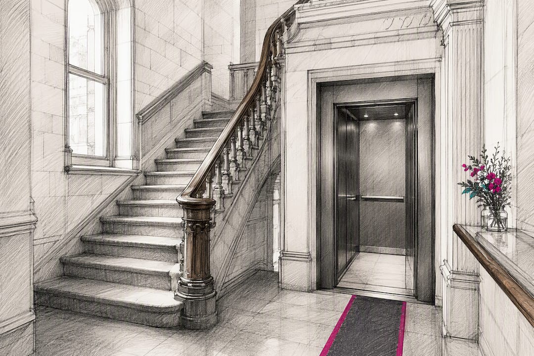 Historic venue staircase beside modern lift