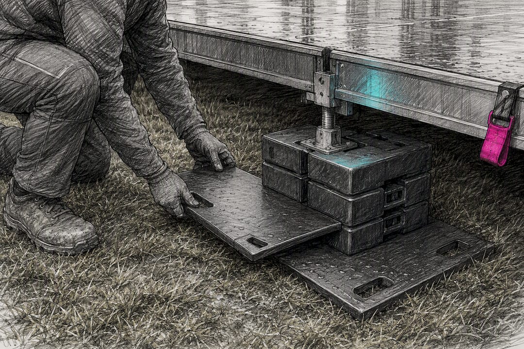 Load-spreading plates beneath outdoor stage