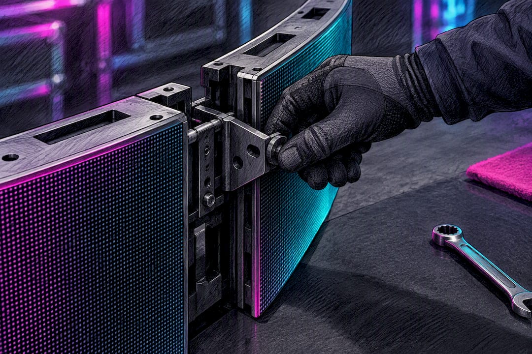 Technician adjusting curved LED cabinet bracket