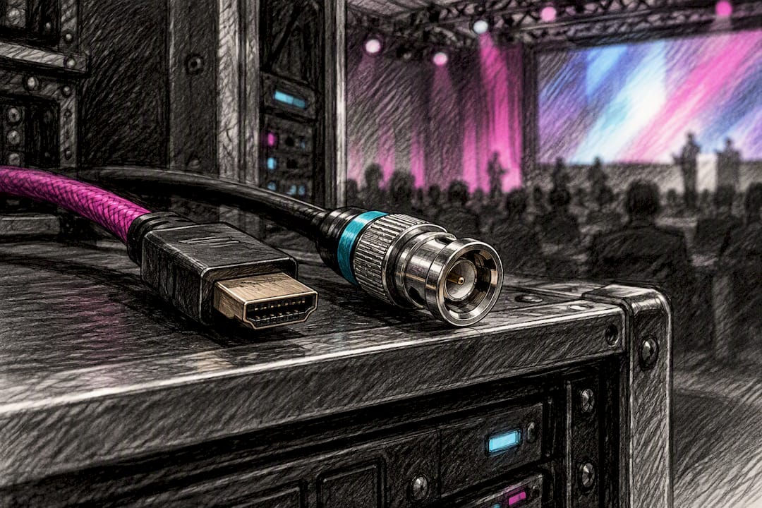 HDMI and BNC video connectors at event rack