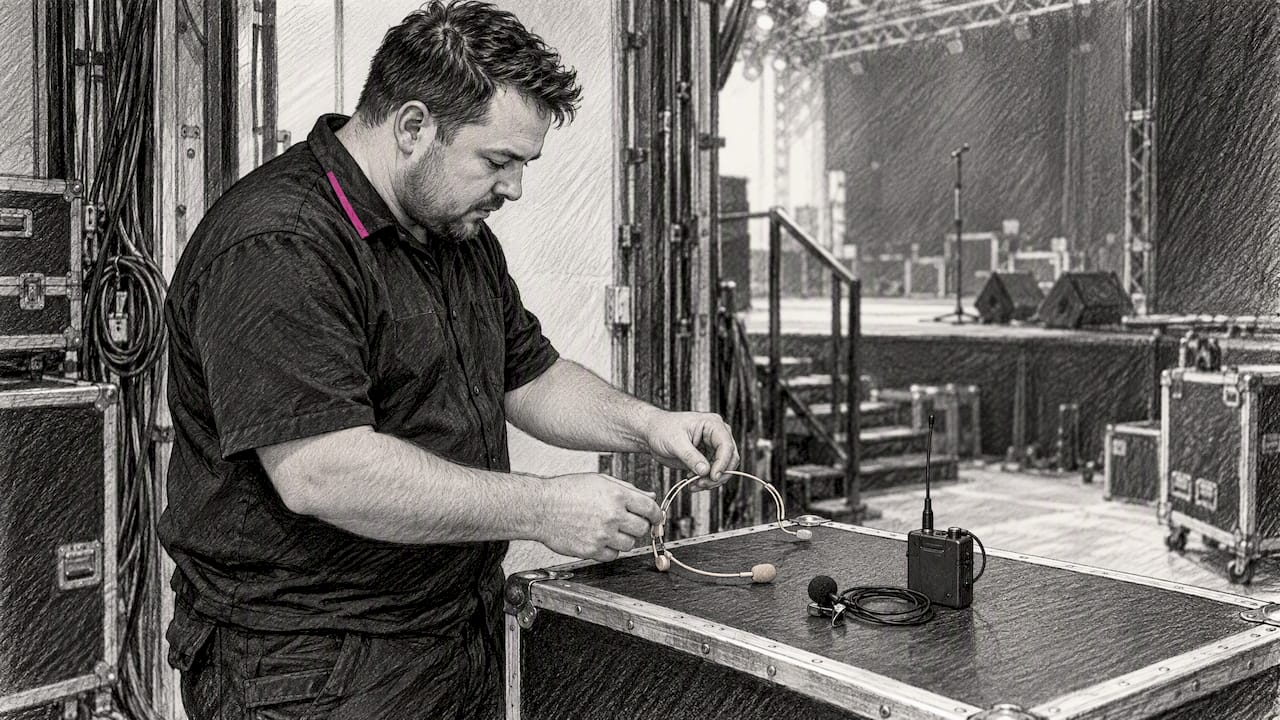 Technician comparing lavalier and headset microphones